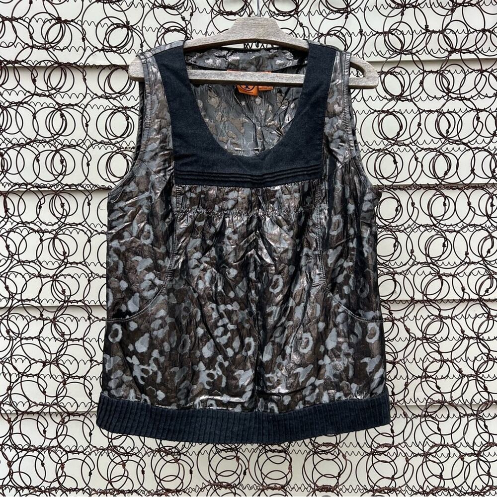Tory Burch Claire Metallic Black Cheetah Sleeveless Knit Top Shirt Sz 14
